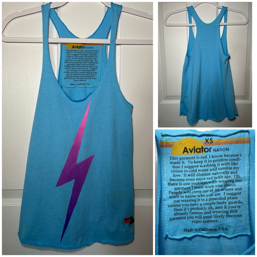 Aviator Nation Blue Tank Top with Pink and Purple Lightning Bolt